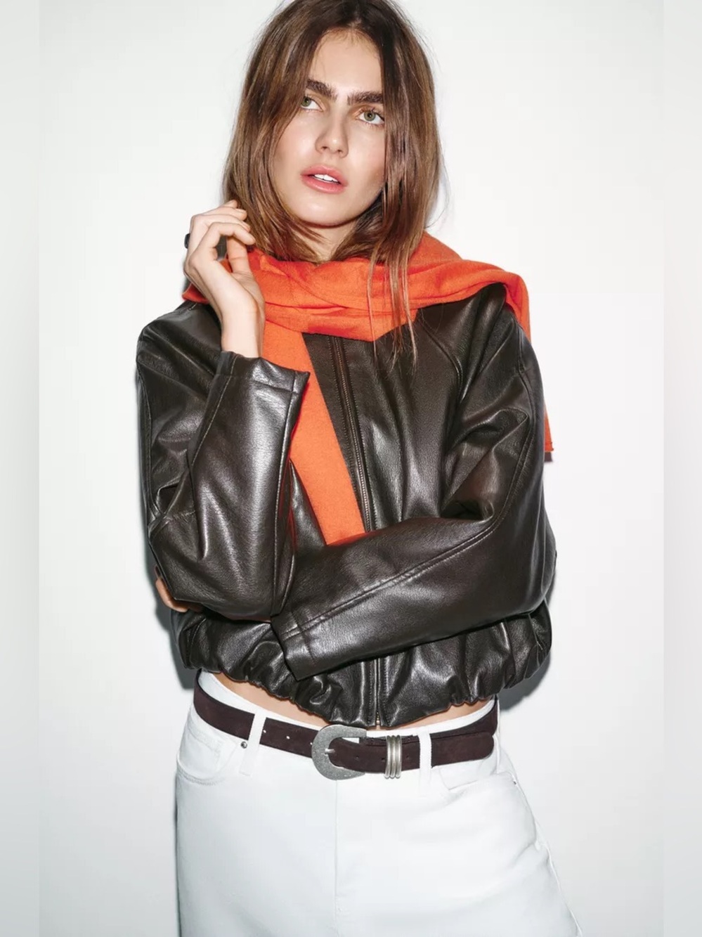 Zara Women's Dark Brown Faux Leather Zip Collared Bomber Jacket S - Picture 2 of 8